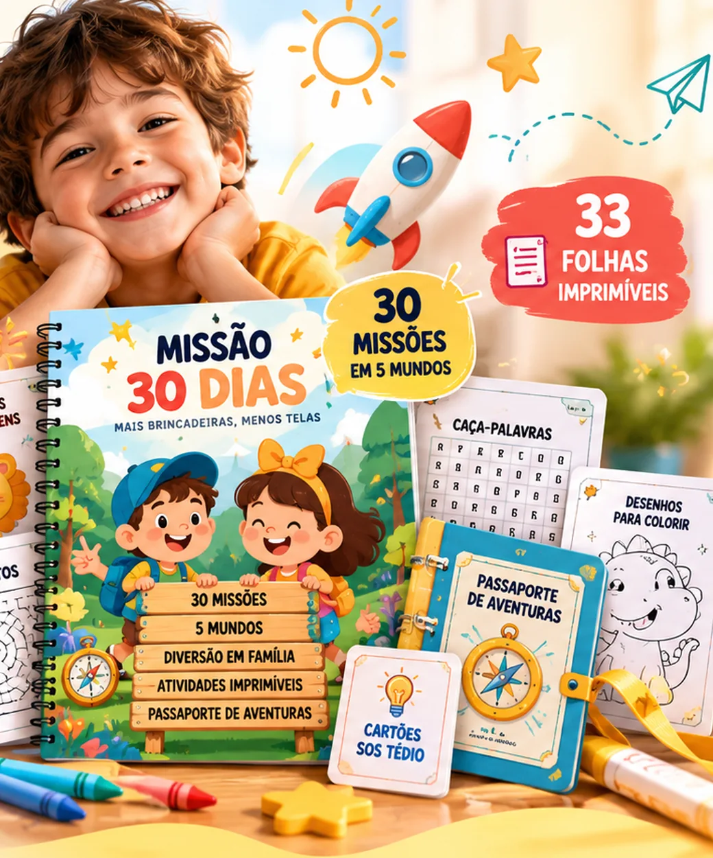 Arte ilustrativa do kit de brincadeiras sem telas Missão 30 Dias para crianças de 4 a 8 anos